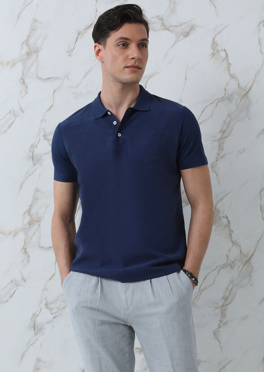 Navy Blue Plain Polo Neck 100% Cotton T-Shirt - 2