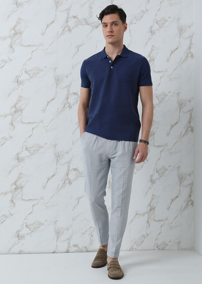 Navy Blue Plain Polo Neck 100% Cotton T-Shirt - 3