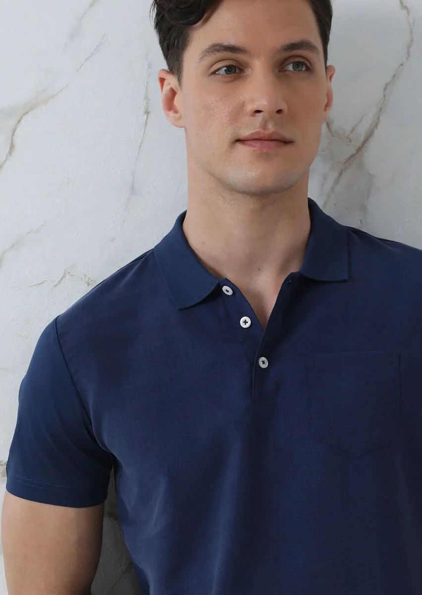 Navy Blue Plain Polo Neck 100% Cotton T-Shirt - 1