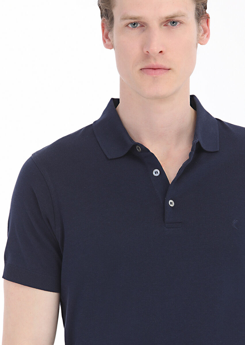 Navy Blue Plain Polo Neck 100% Cotton T-Shirt - 4