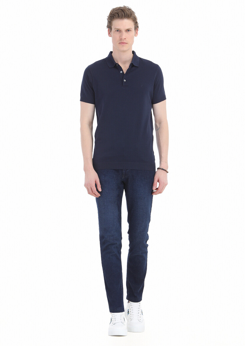 Navy Blue Plain Polo Neck 100% Cotton T-Shirt 