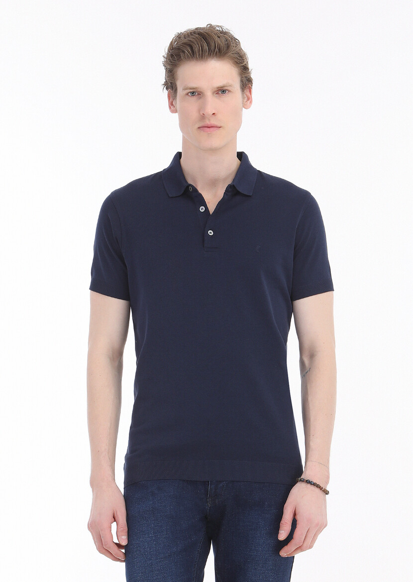 Navy Blue Plain Polo Neck 100% Cotton T-Shirt - 2