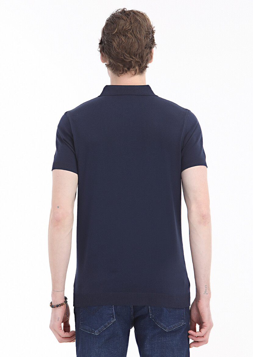 Navy Blue Plain Polo Neck 100% Cotton T-Shirt - 5