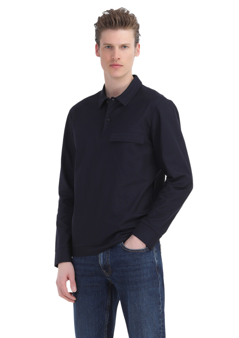 Navy Blue Plain Polo Neck 100% Cotton T-Shirt - 1