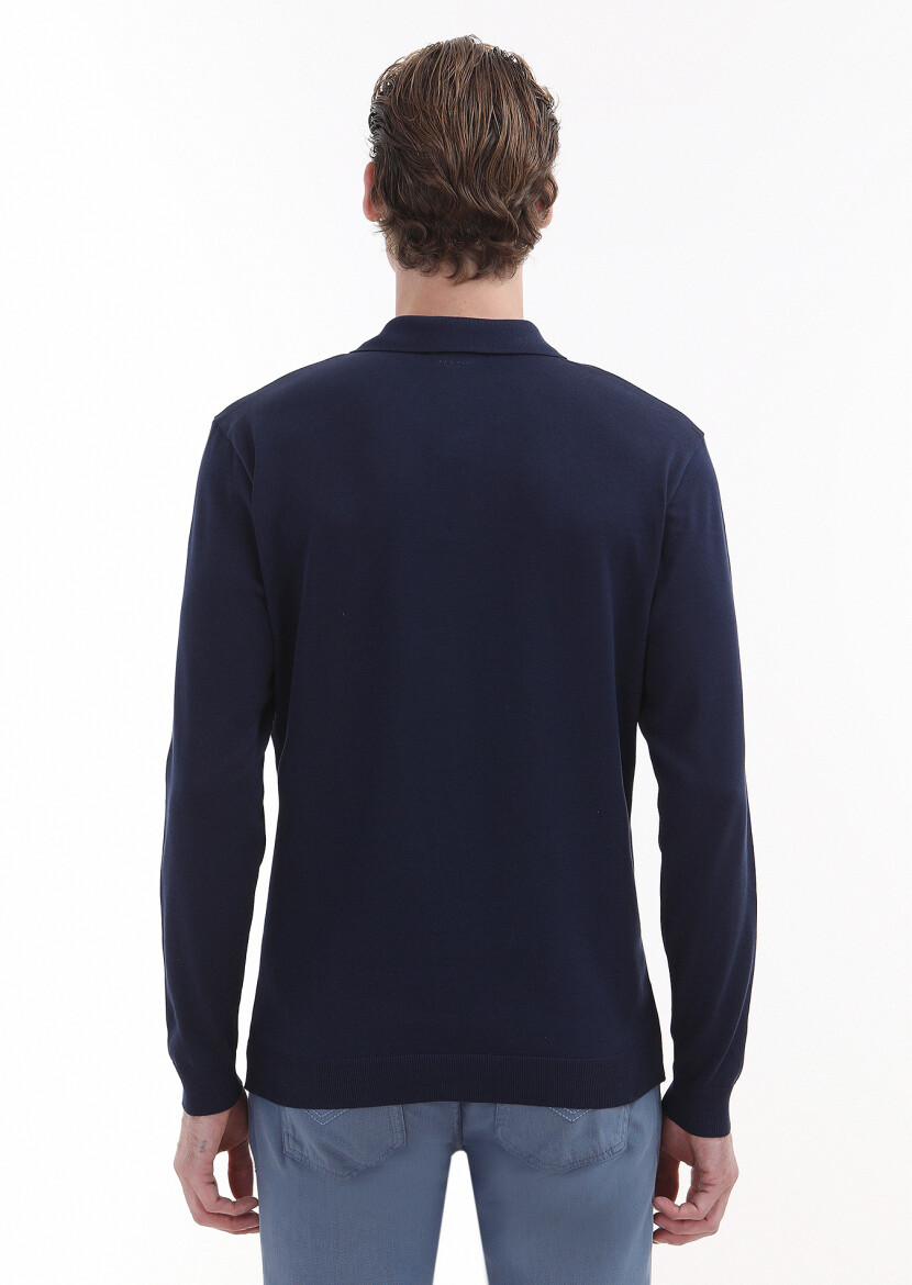 Navy Blue Plain Polo Neck 100% Cotton T-Shirt - 3