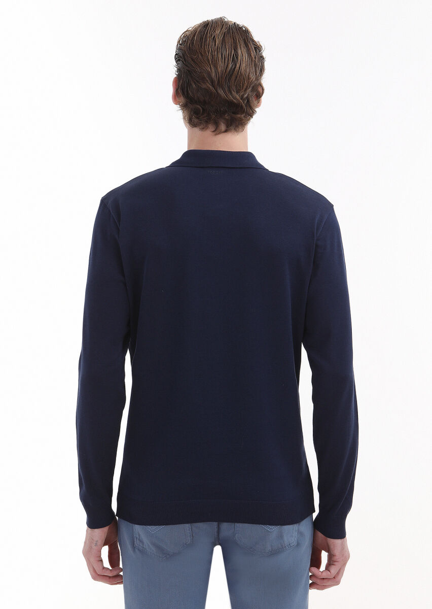 Navy Blue Plain Polo Neck 100% Cotton T-Shirt - 3