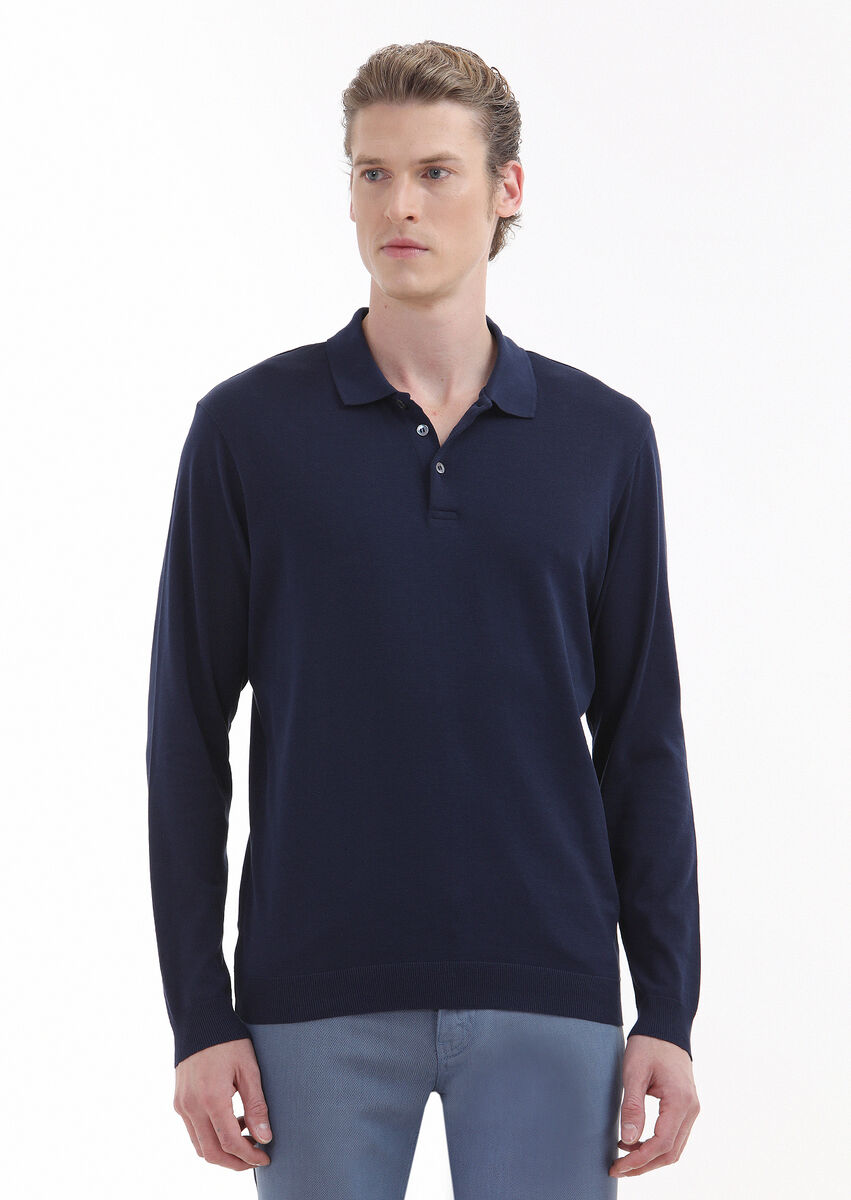 Navy Blue Plain Polo Neck 100% Cotton T-Shirt - 1