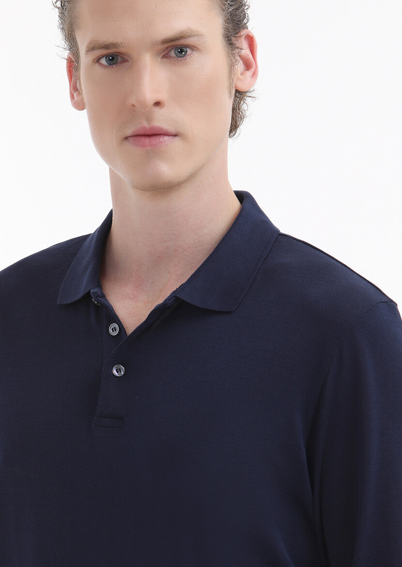 Navy Blue Plain Polo Neck 100% Cotton T-Shirt - 3