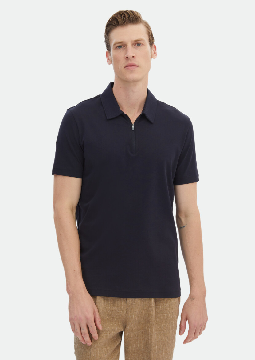 Navy Blue Plain Polo Neck 100% Cotton T-Shirt - 1