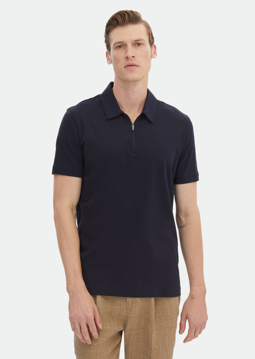 Navy Blue Plain Polo Neck 100% Cotton T-Shirt - 1