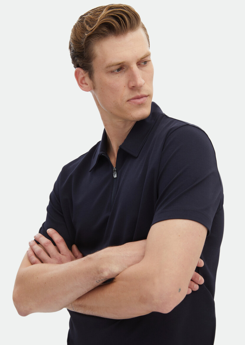 Navy Blue Plain Polo Neck 100% Cotton T-Shirt - 4