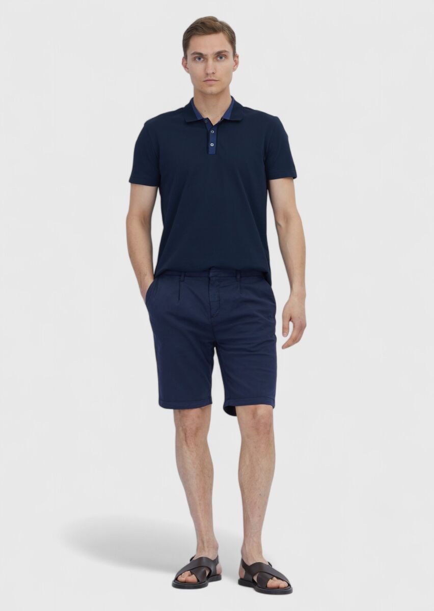 Navy Blue Plain Polo Neck 100% Cotton T-Shirt - 2