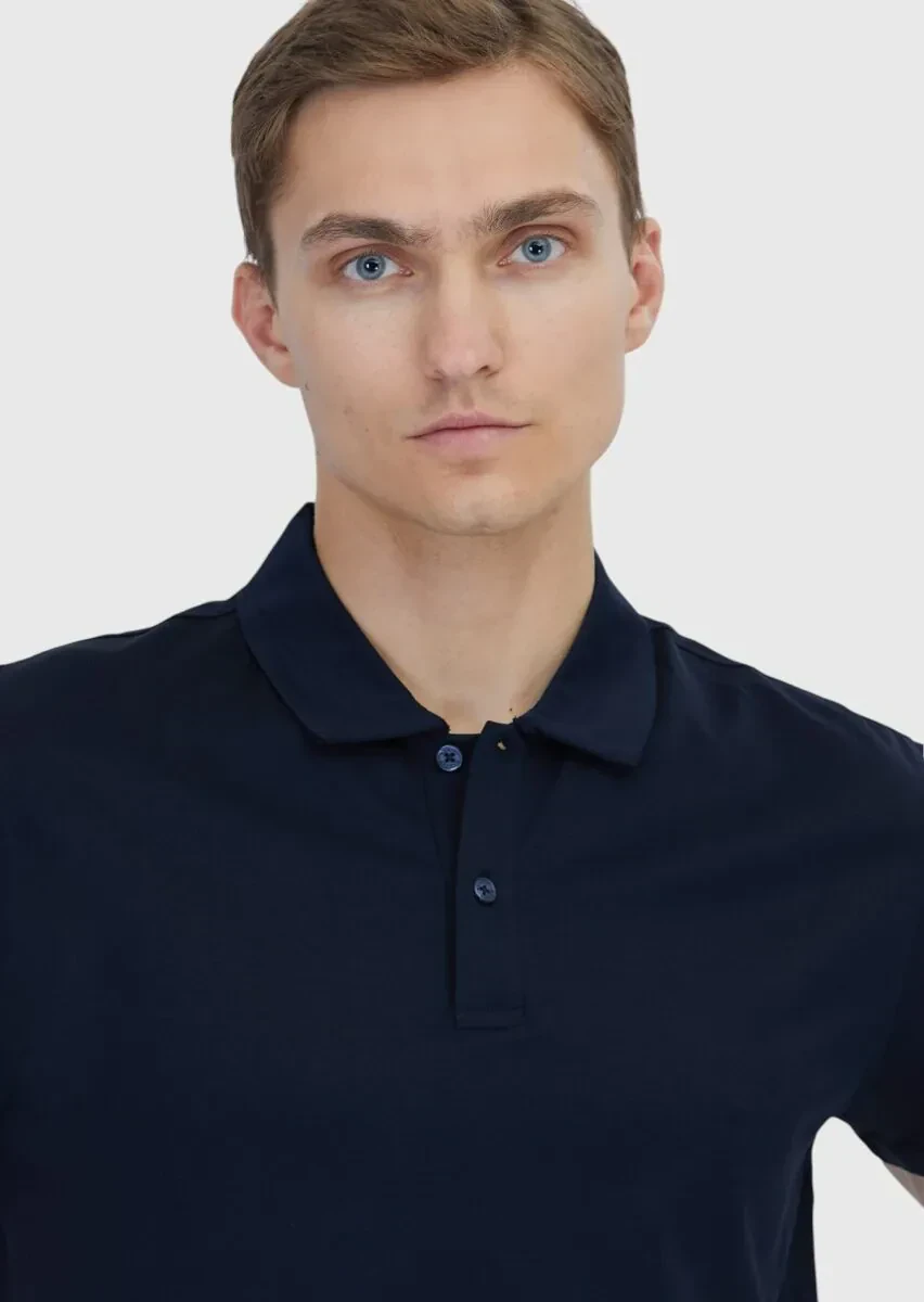 Navy Blue Plain Polo Neck 100% Cotton T-Shirt - 3