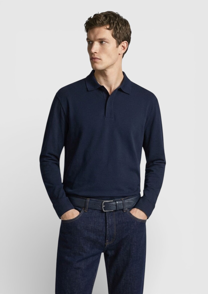 Navy Blue Plain Polo Neck 100% Cotton T-Shirt - RAMSEY