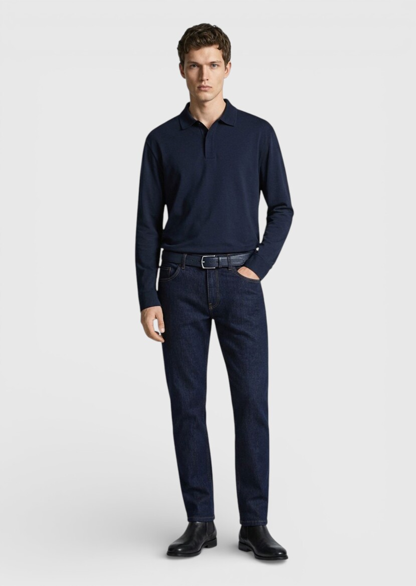 Navy Blue Plain Polo Neck 100% Cotton T-Shirt - RAMSEY