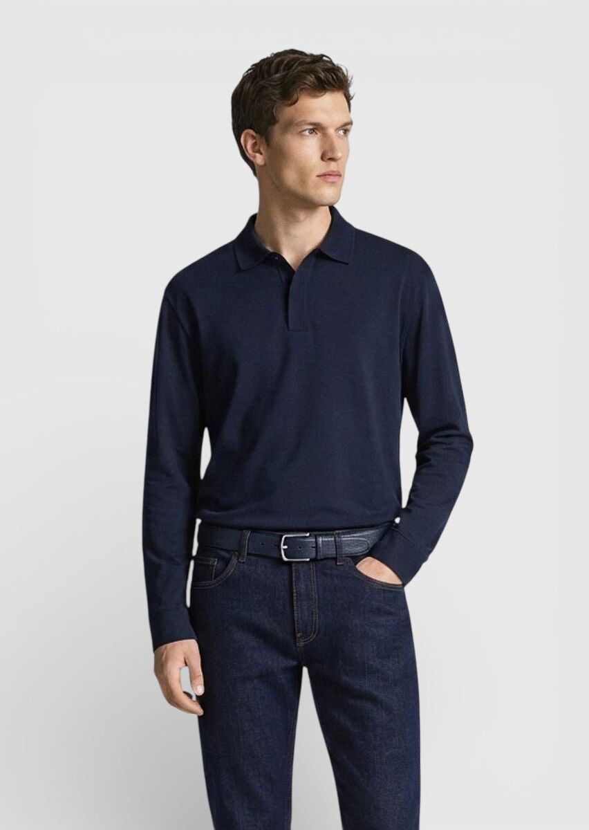 Navy Blue Plain Polo Neck 100% Cotton T-Shirt - 3