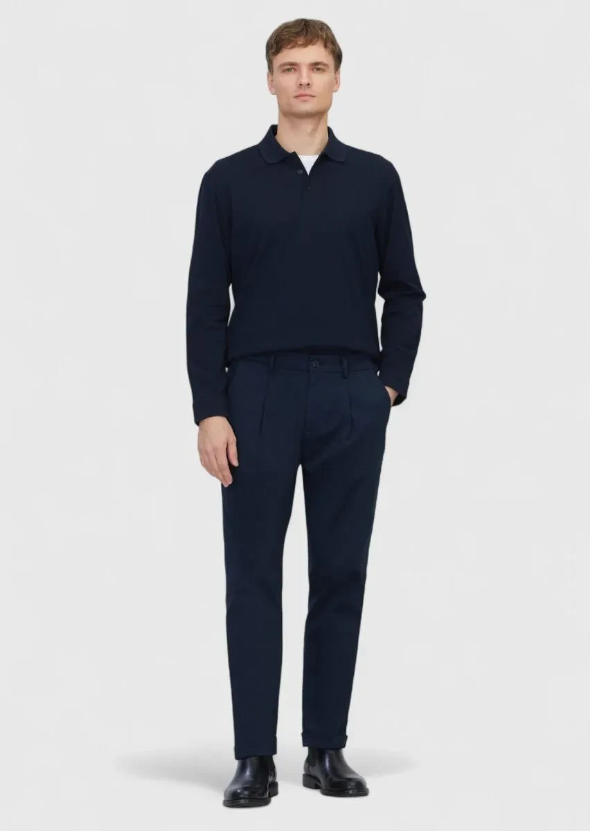 Navy Blue Plain Polo Neck 100% Cotton T-Shirt - 2
