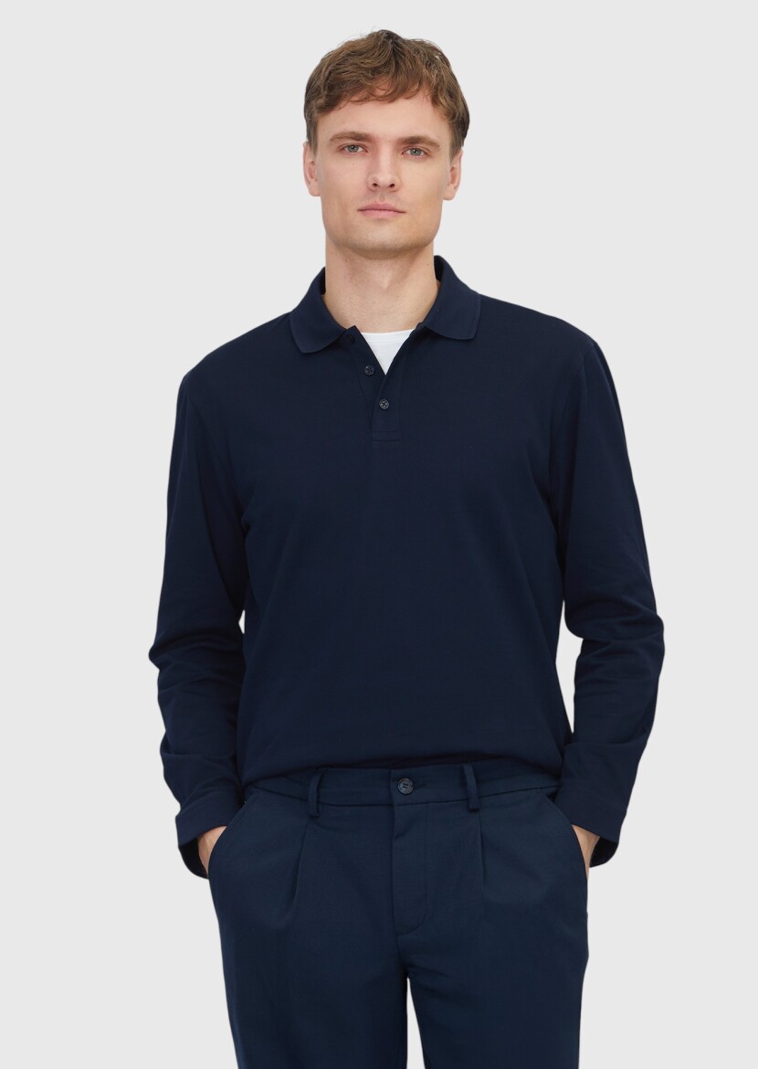 Navy Blue Plain Polo Neck 100% Cotton T-Shirt - RAMSEY