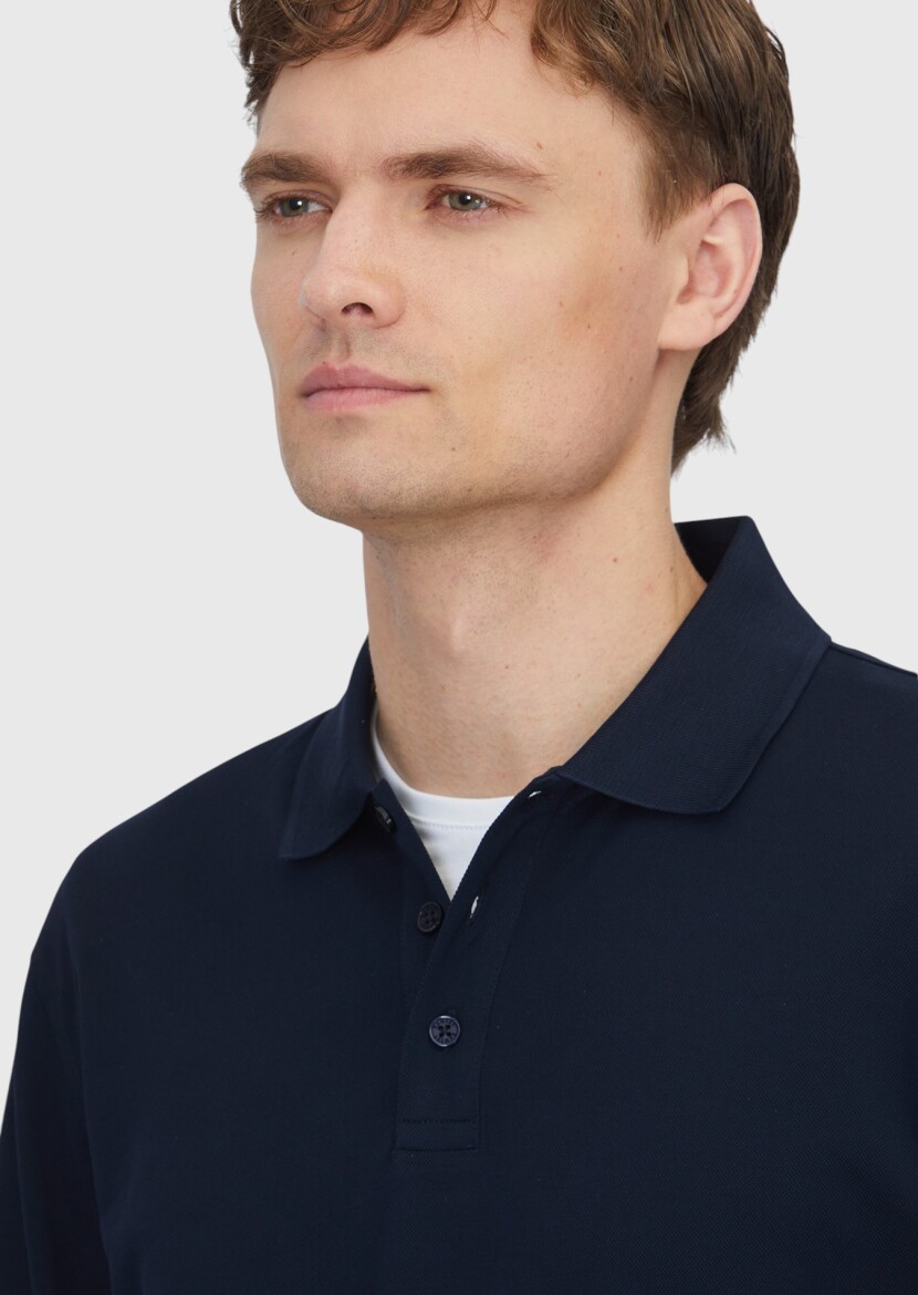 Navy Blue Plain Polo Neck 100% Cotton T-Shirt - 3