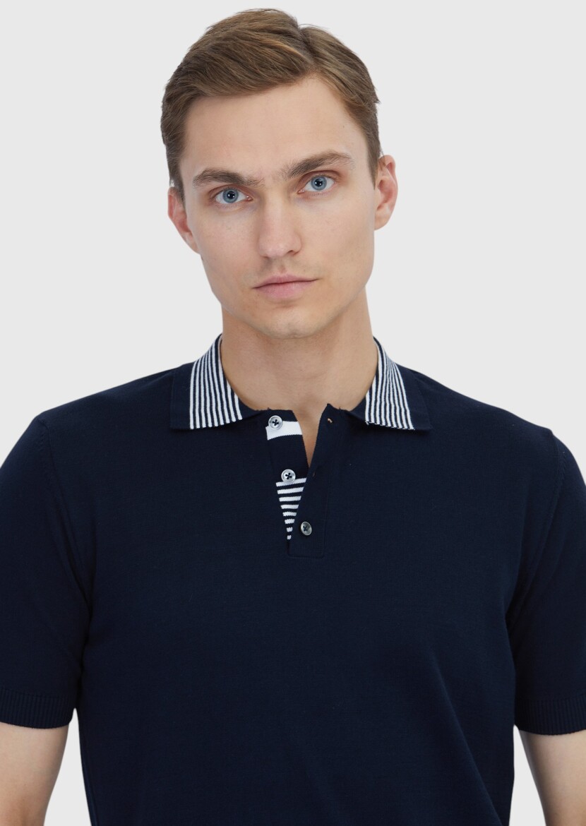Navy Blue Plain Polo Neck 100% Cotton T-Shirt - 4