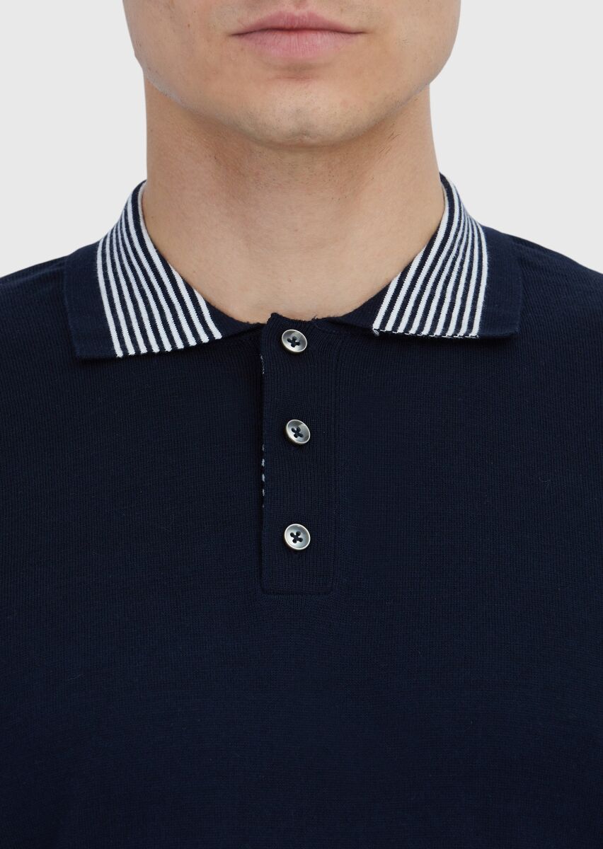 Navy Blue Plain Polo Neck 100% Cotton T-Shirt - 5