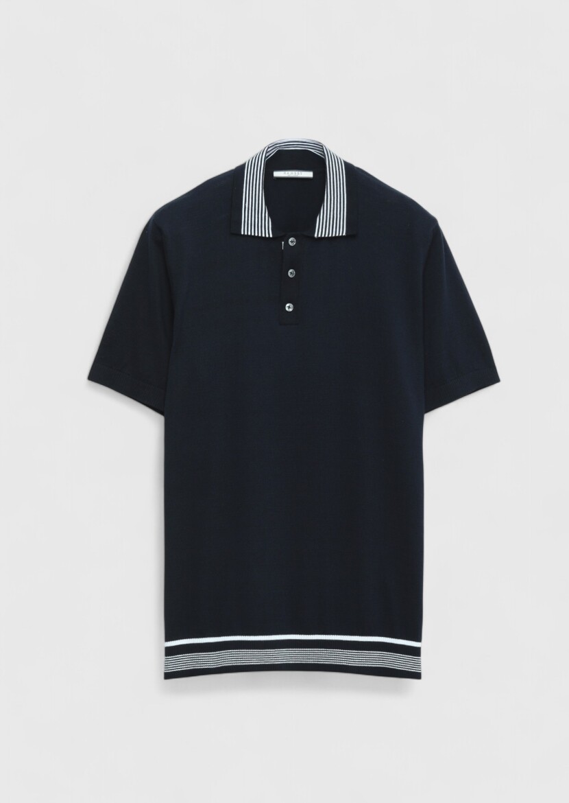 Navy Blue Plain Polo Neck 100% Cotton T-Shirt - 7