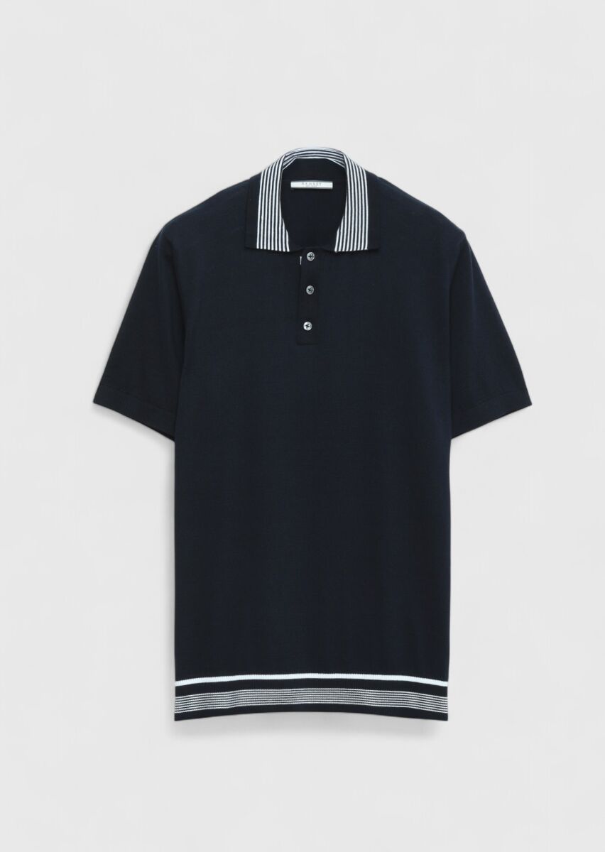 Navy Blue Plain Polo Neck 100% Cotton T-Shirt - 7