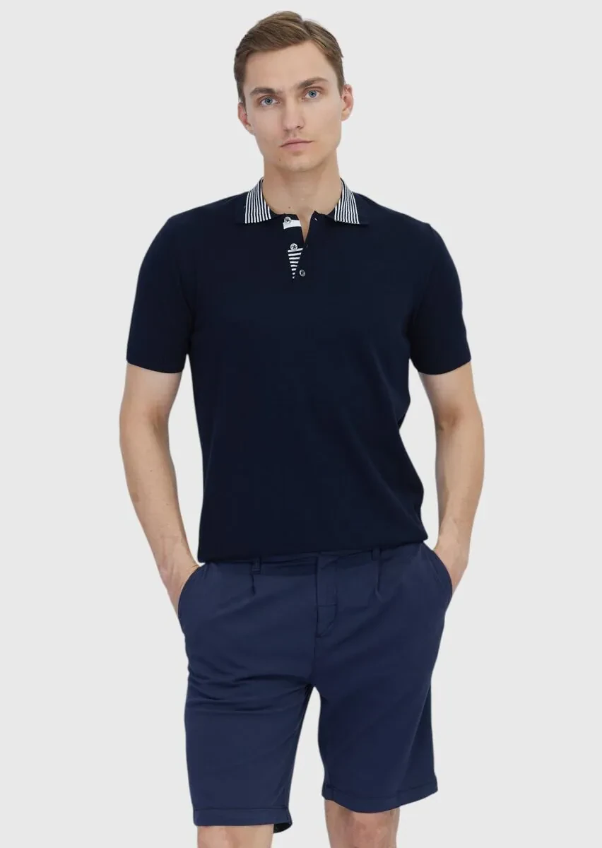 Navy Blue Plain Polo Neck 100% Cotton T-Shirt - 1