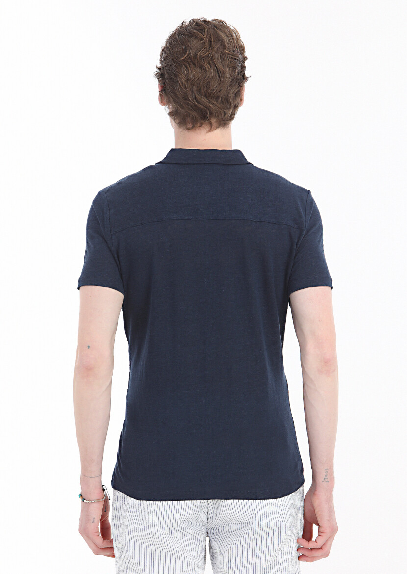 Navy Blue Plain Polo Neck 100% Linen T-Shirt - 5