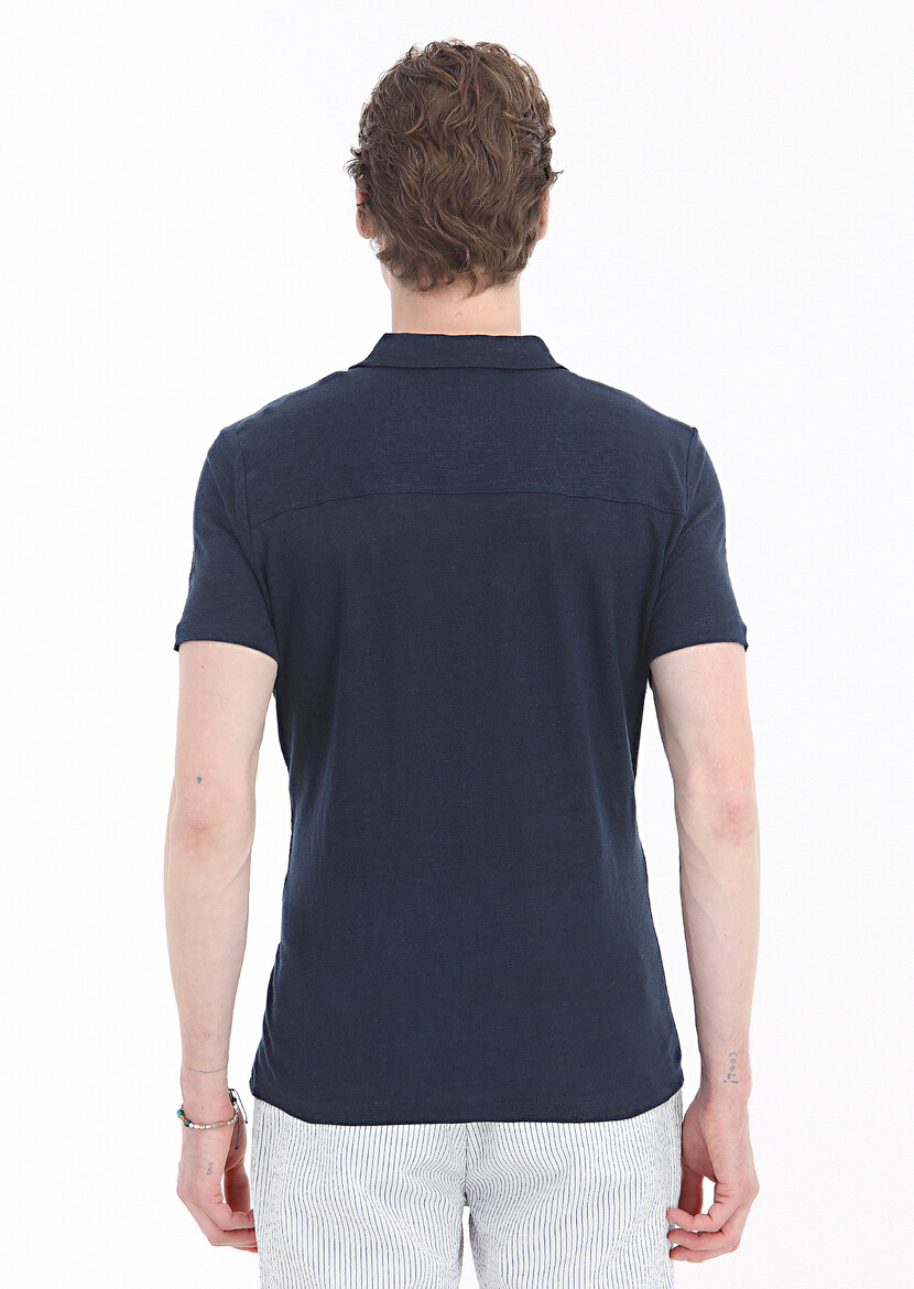 Navy Blue Plain Polo Neck 100% Linen T-Shirt - 5