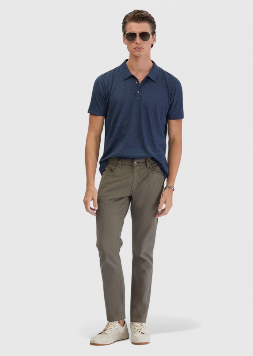 Navy Blue Plain Polo Neck 100% Linen T-Shirt - 3