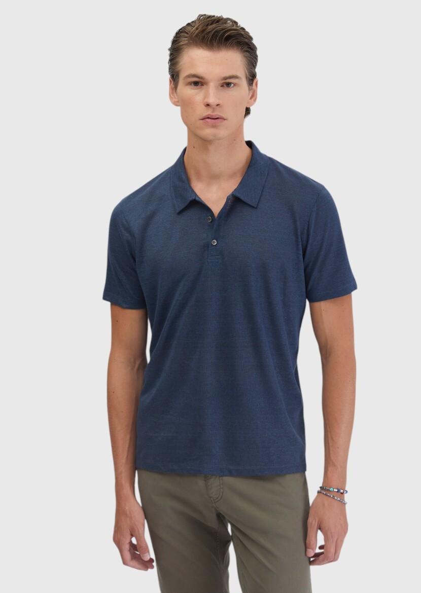 Navy Blue Plain Polo Neck 100% Linen T-Shirt - 4