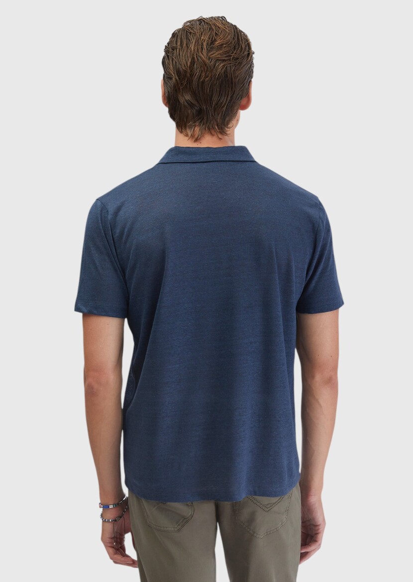 Navy Blue Plain Polo Neck 100% Linen T-Shirt - 6
