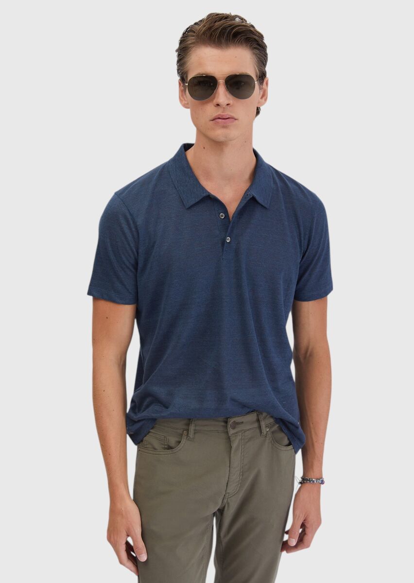 Navy Blue Plain Polo Neck 100% Linen T-Shirt - 1
