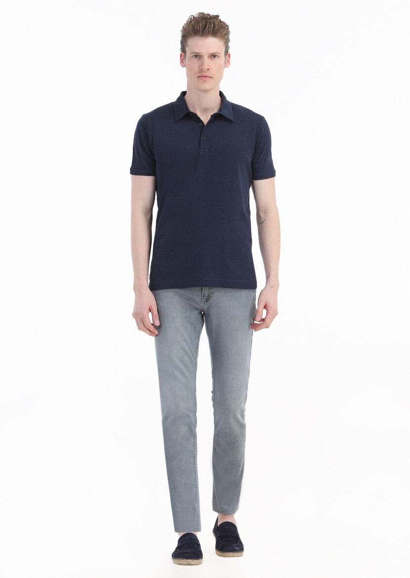 Navy Blue Plain Polo Neck Cotton Blended T-Shirt 