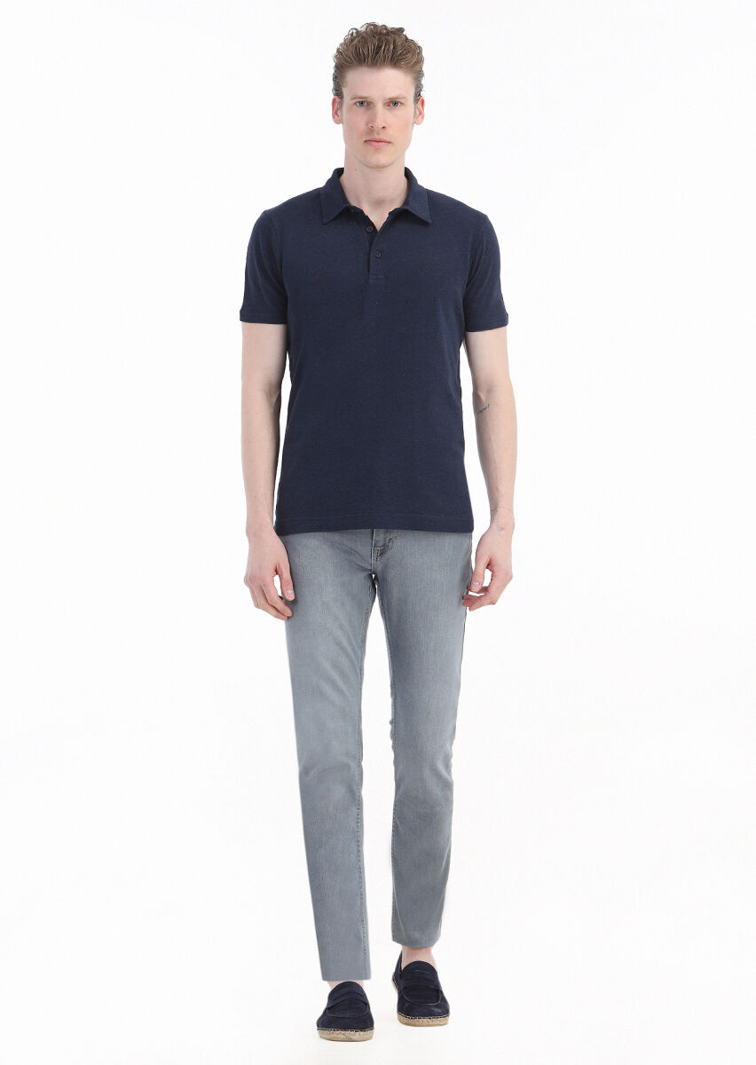 Navy Blue Plain Polo Neck Cotton Blended T-Shirt - 1