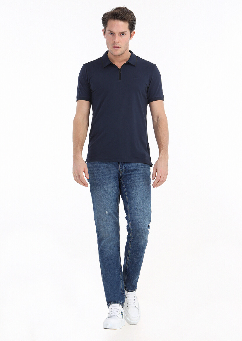 Navy Blue Plain Polo Neck Cotton Blended T-Shirt 