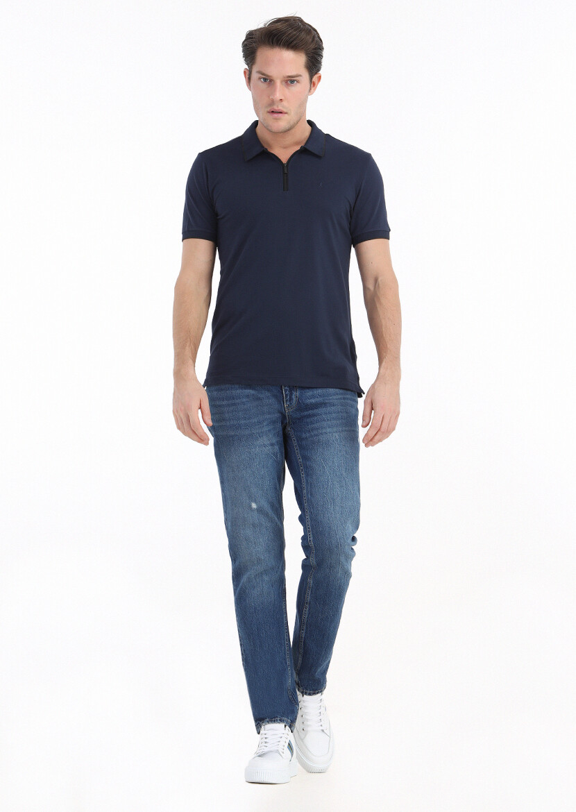 Navy Blue Plain Polo Neck Cotton Blended T-Shirt - 1