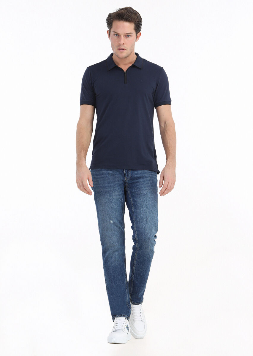 Navy Blue Plain Polo Neck Cotton Blended T-Shirt - 1