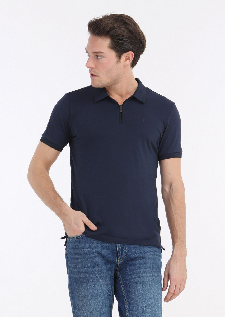 Navy Blue Plain Polo Neck Cotton Blended T-Shirt - 2