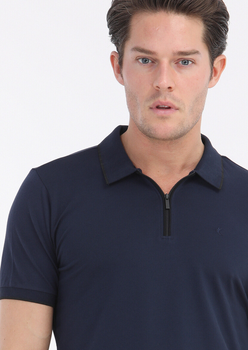 Navy Blue Plain Polo Neck Cotton Blended T-Shirt - 4