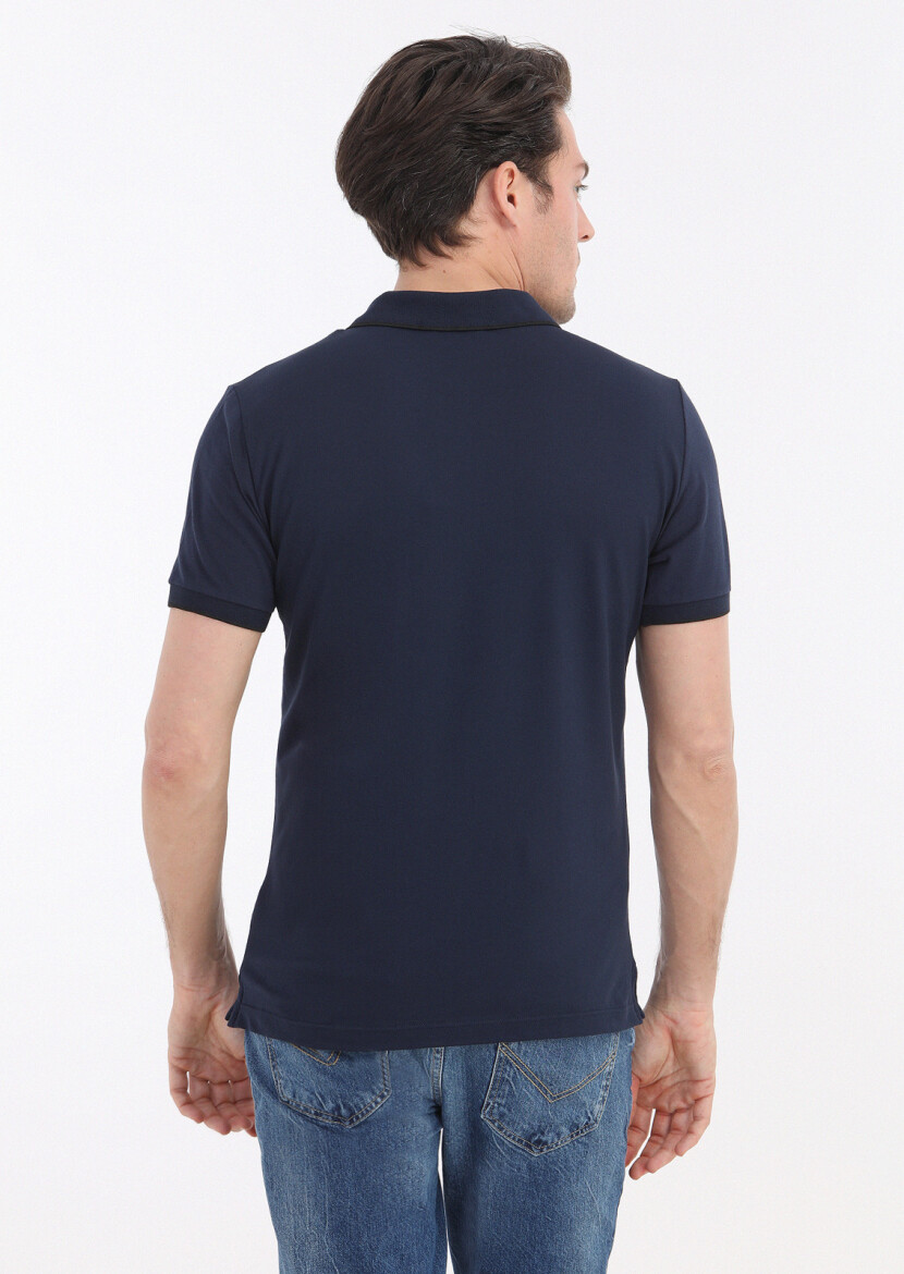 Navy Blue Plain Polo Neck Cotton Blended T-Shirt - 5