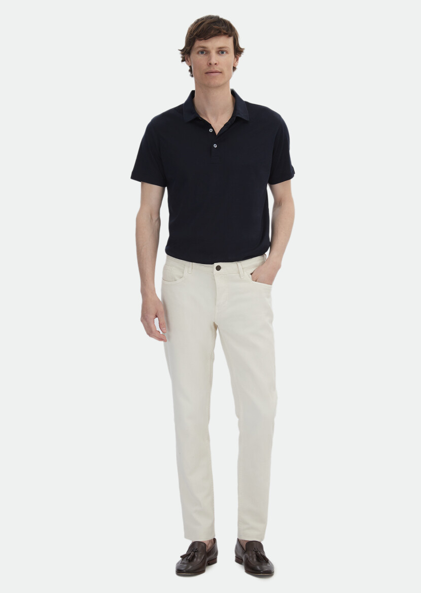 Navy Blue Plain Polo Neck Silk Blended T-Shirt - 2