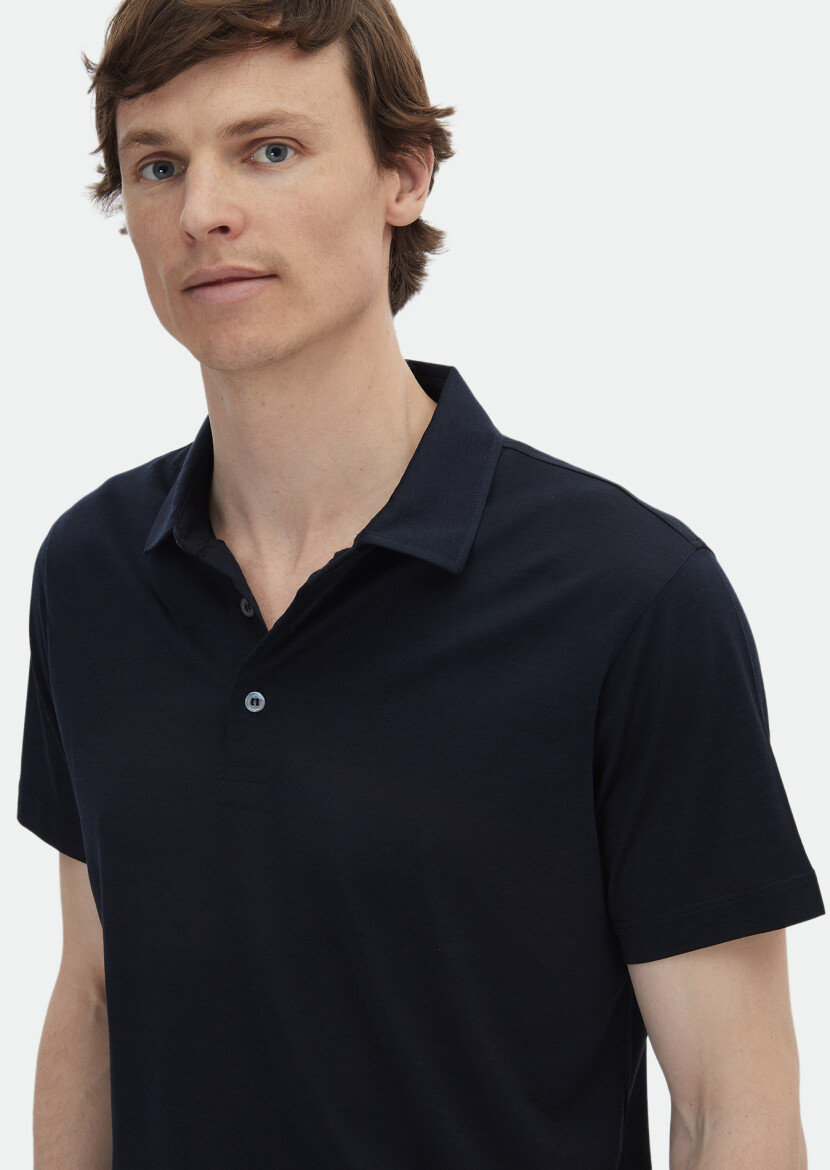 Navy Blue Plain Polo Neck Silk Blended T-Shirt - 3