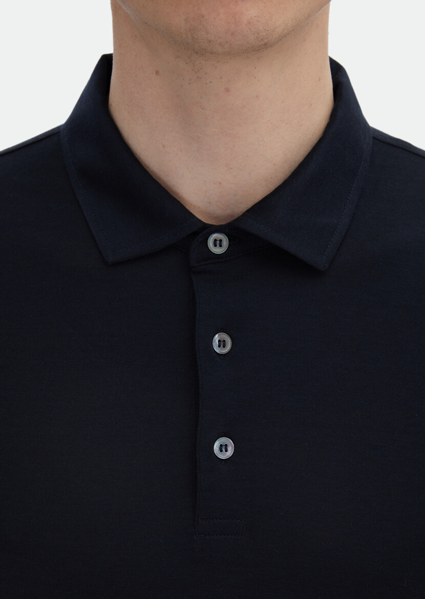 Navy Blue Plain Polo Neck Silk Blended T-Shirt - 4