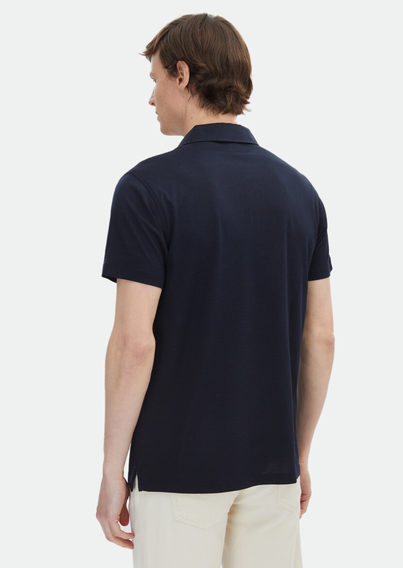 Navy Blue Plain Polo Neck Silk Blended T-Shirt - 5