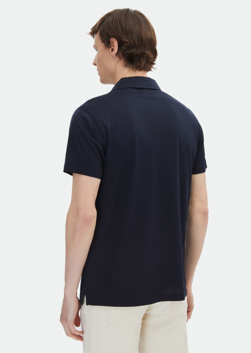 Navy Blue Plain Polo Neck Silk Blended T-Shirt - 5