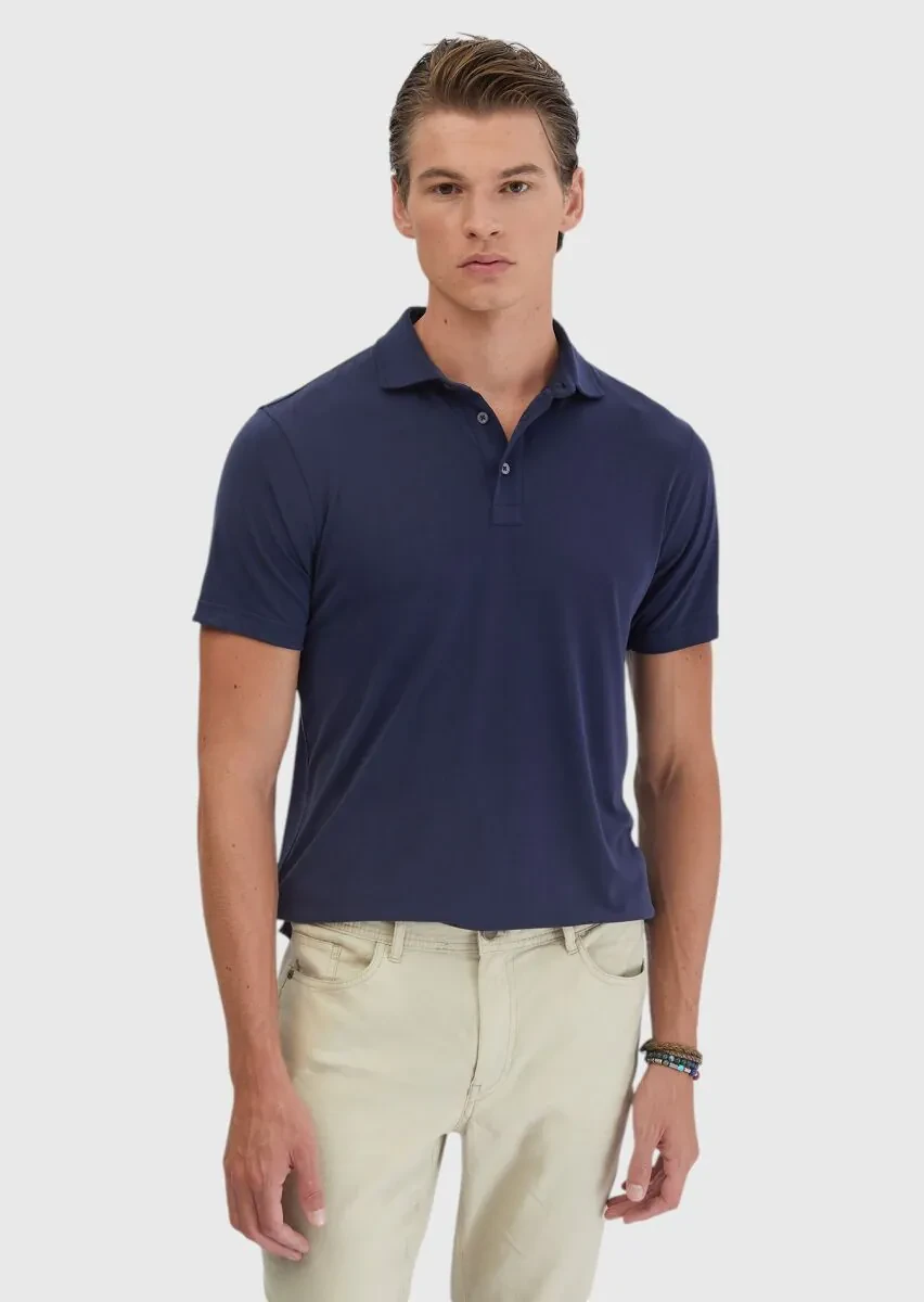 Navy Blue Plain Polo Neck T-Shirt - 2