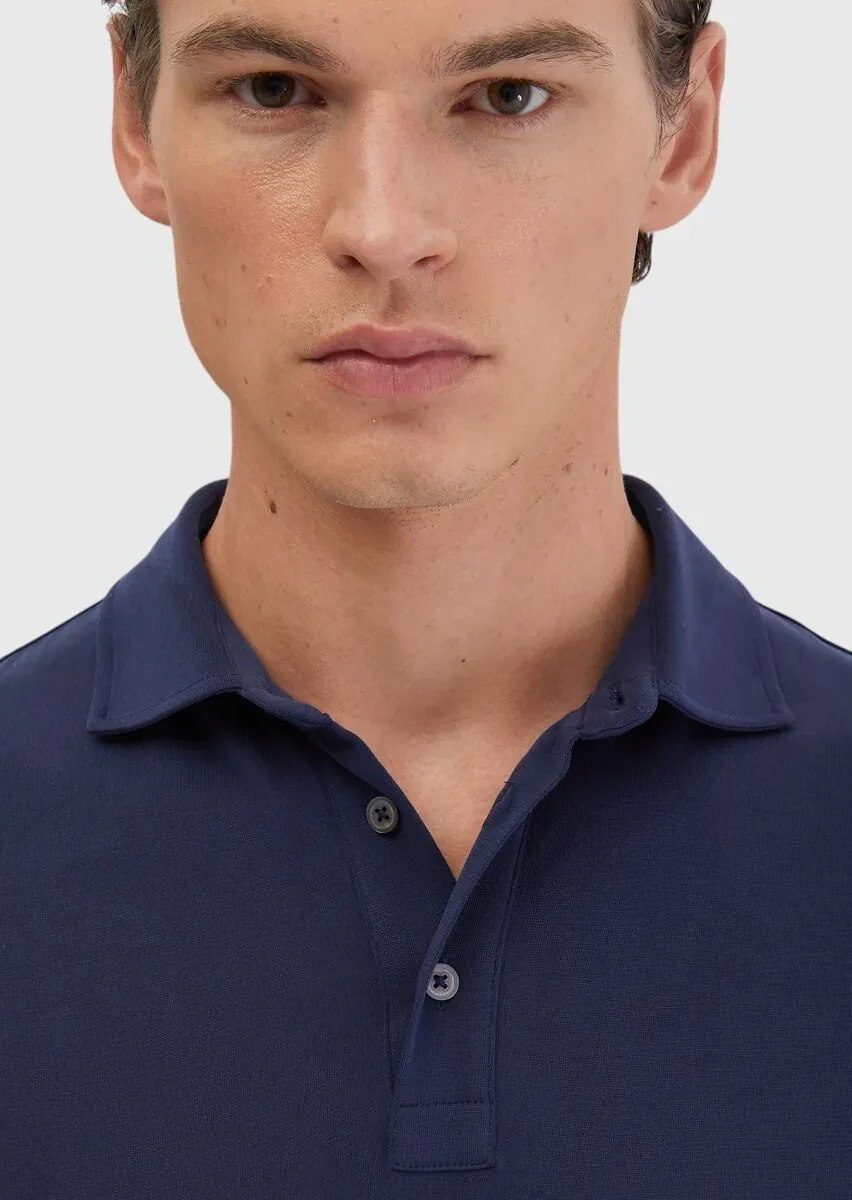 Navy Blue Plain Polo Neck T-Shirt - 5
