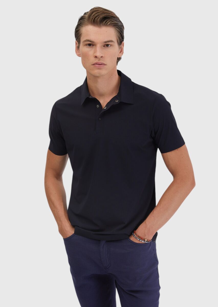 Navy Blue Plain Polo Neck T-Shirt - 1